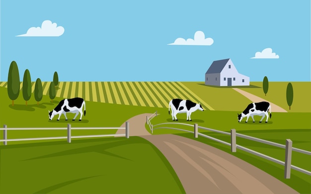 囲いの中に農場と牛がいる田園風景