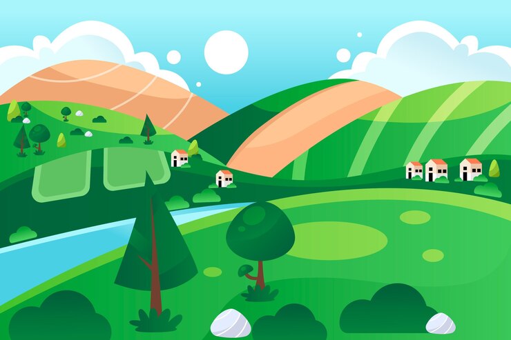 Vector 鄉村風景,有河流和草地