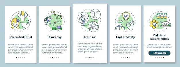 コンセプトを備えたモバイルアプリのページ画面をオンボーディングしている田舎の生活状況