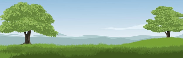Vettore paesaggio panoramico prato di campagna con grandi alberi e montagne