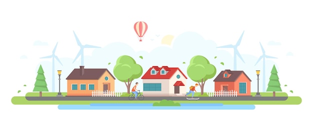 Countryside - modern flat design style vector illustration on white background. A composition with lovely houses, trees, windmills, lanterns, pond, skater and cycling boy, hot air balloon in the sky