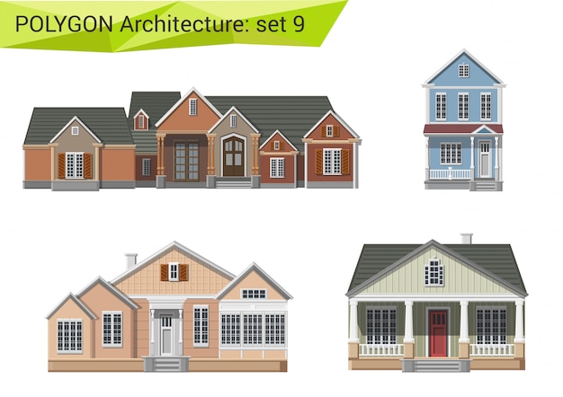 Countryside and suburb houses and buildings polygonal style set.