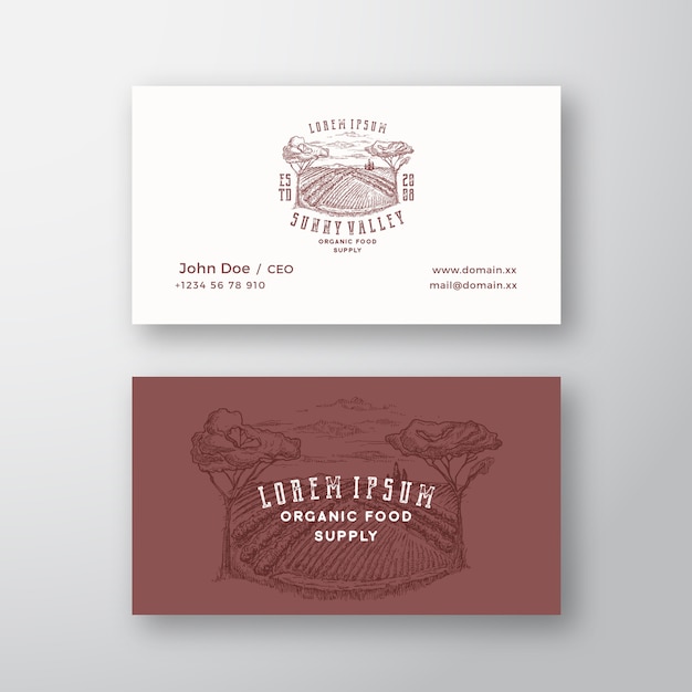 Vector countryside valley business card template. hand drawn rural farm landscape sketch with retro typography.