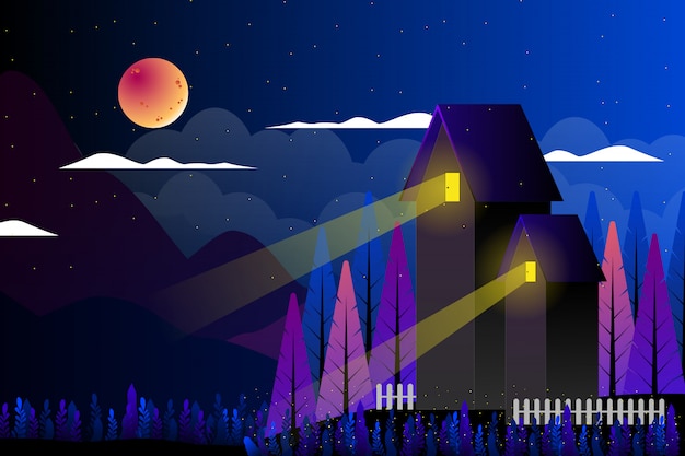 countryside with fantasy night sky landscape illustration