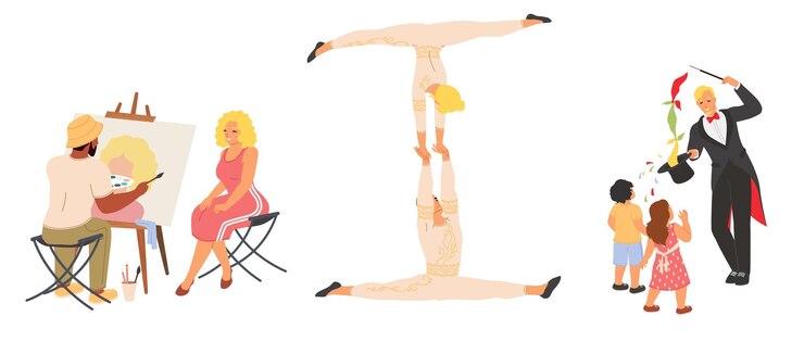 Vector couple acrobats illusionist showing tricks with hat artist drawing picture