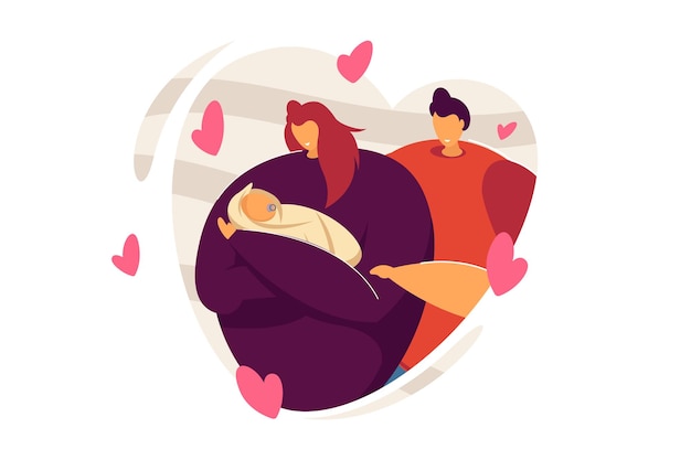 Couple adoring baby. loving family watching newborn. two parents showing their affection to little child. woman holding baby. cute parenthood concept for banner, website design or landing web page