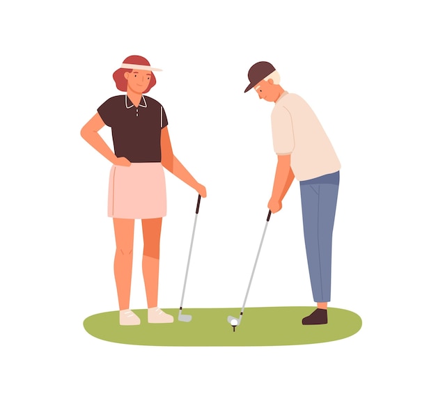 Couple of adults playing golf together. Woman in cap visor holding golf club and man aiming. Summer sport outdoor game. Flat vector cartoon illustration isolated on white.