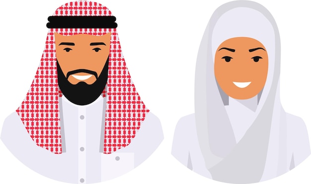 Vettore coppia uomo arabo e donna in abbigliamento arabo musulmano tradizionale in stile piatto. illustrazione vettoriale