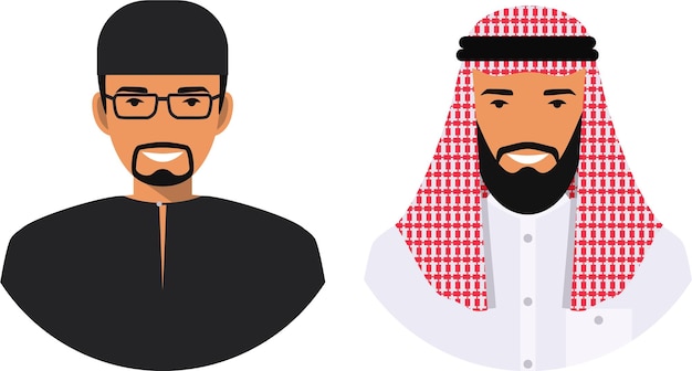 Couple arab men in traditional muslim arabic clothing in flat style. vector illustration