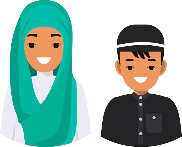 Couple Arab Young Man and Woman in Traditional Muslim Arabic Clothing in Flat Style.