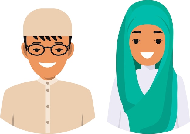 Couple Arab Young Man and Woman in Traditional Muslim Arabic Clothing in Flat Style.