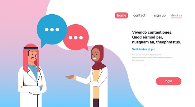 couple arabic doctors chat bubble banner