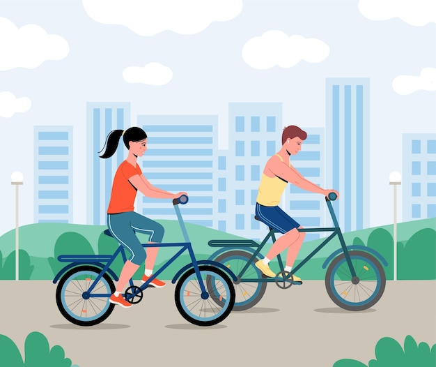 Couple are riding on bicycle on the urban lanscape backgroundxAMan and woman spends time outdoors