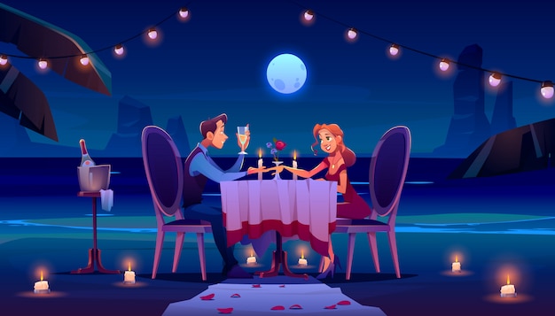 ベクトル 夜のビーチでのカップルはロマンチックなデートのディナーを持っています