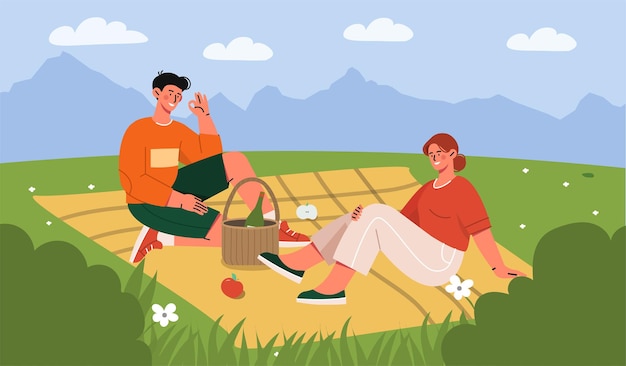 Вектор Пара на пикнике концепция мужчина и женщина, сидящие за одеялом с натуральными и органическими продуктами молодой парень и девушка с яблоком и вином романтическая встреча на природе мультфильм плоская векторная иллюстрация