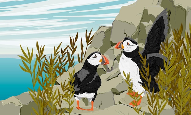 岩の多い海岸にいるニシツノメドリのカップル。スカンジナビアの鳥の一般的なツノメドリ