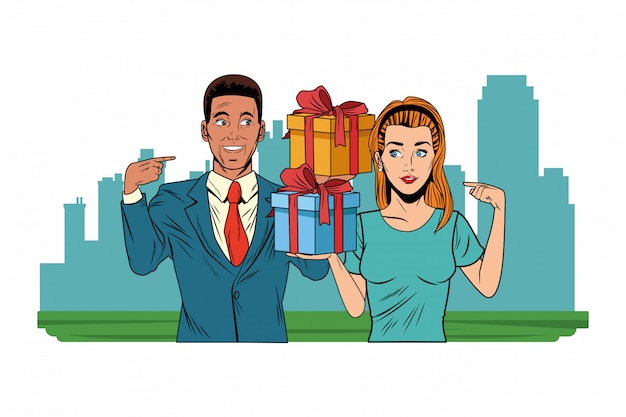 Couple avatar with gift box pop art