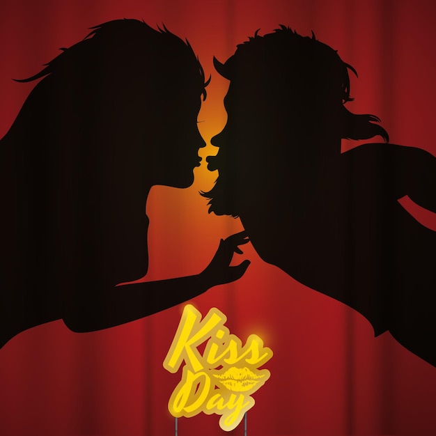 Vector couple behind backdrop silhouette smooching with a golden sign with a lips print for kiss day