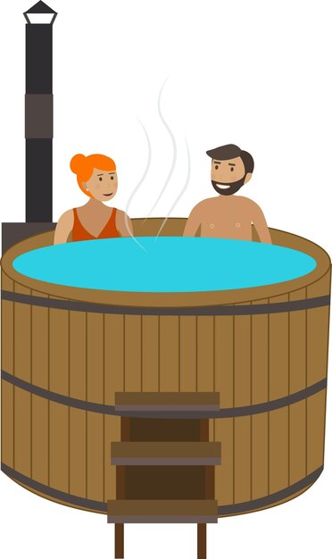 Vector couple bathing in wooden pool at spa vector icon isolated on white