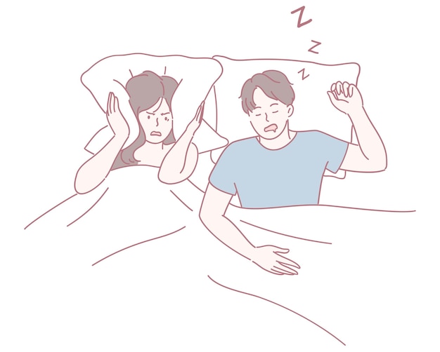 A couple in bed faces the humorous yet frustrating issue of snoring disruptions at night