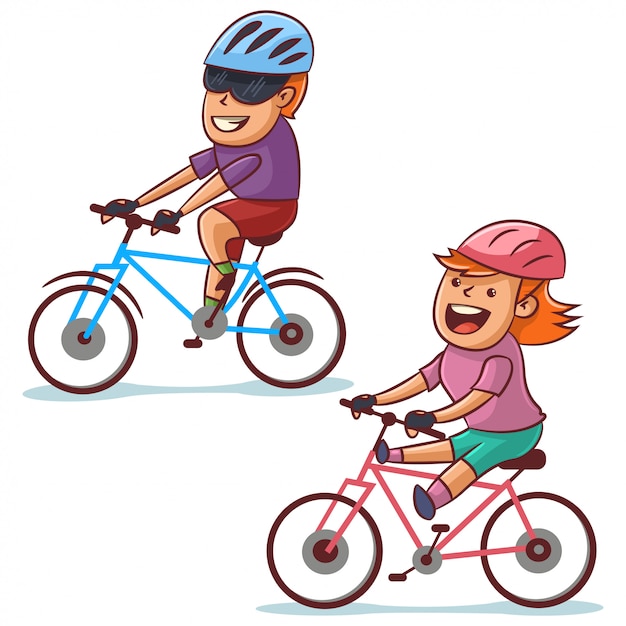 Couple bike riding. happy boy and girl cycling. healthy lifestyle and bicycle sport. cartoon illustration isolated on white background.