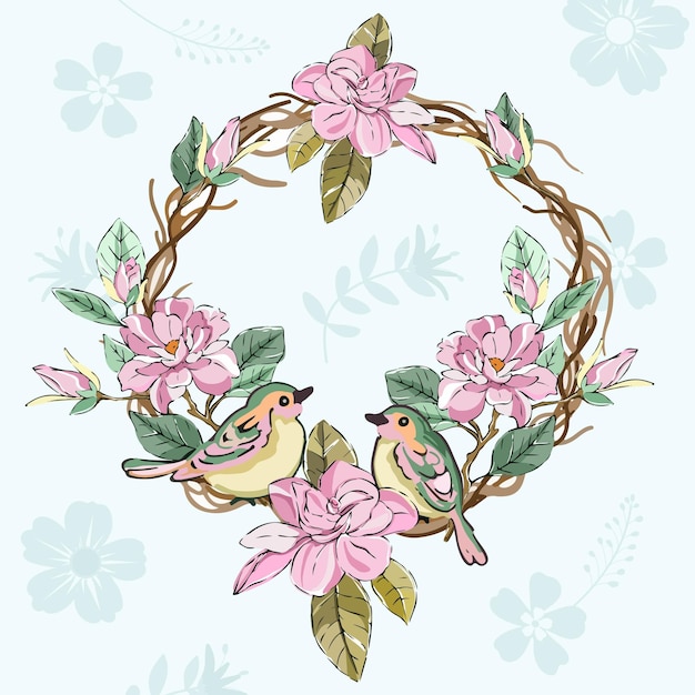 Vector a couple bird in pink flower wreath