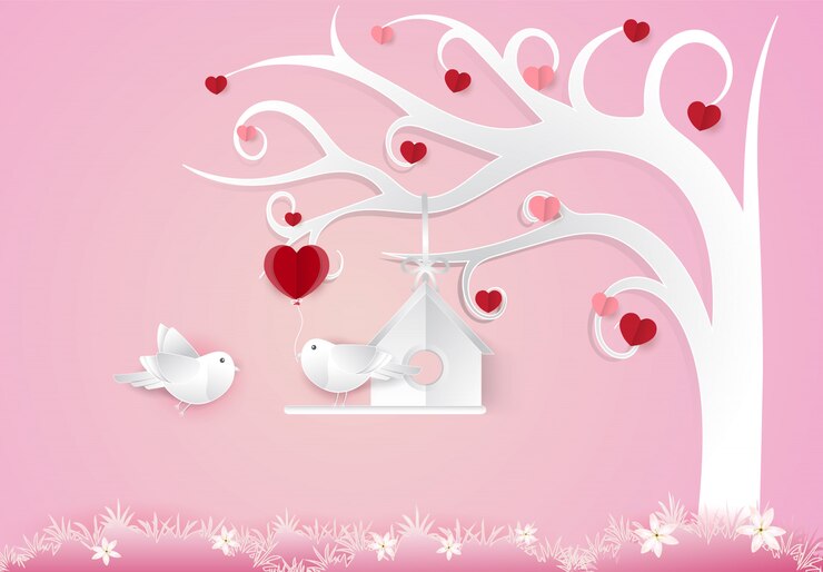 Vector couple birds and heart tree valentine concept