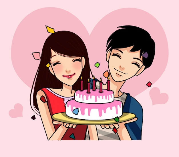 Premium Vector | Couple birthday celebration with holding cake cartoon ...