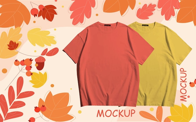 A couple of blank colourful light red and light olive t shirt mockup design with various type leafs