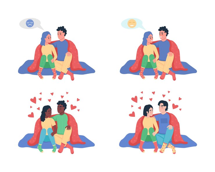 वेक्टर couple under blanket semi flat color vector character set. sitting figures. full body people on white. partners isolated modern cartoon style illustration for graphic design and animation pack