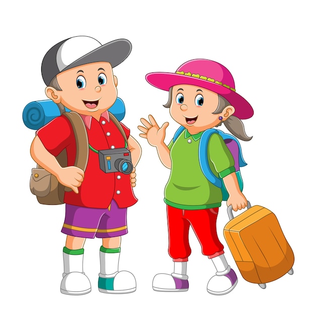 The couple of the boy and the girl are bringing the travel bag and suitcase of illustration