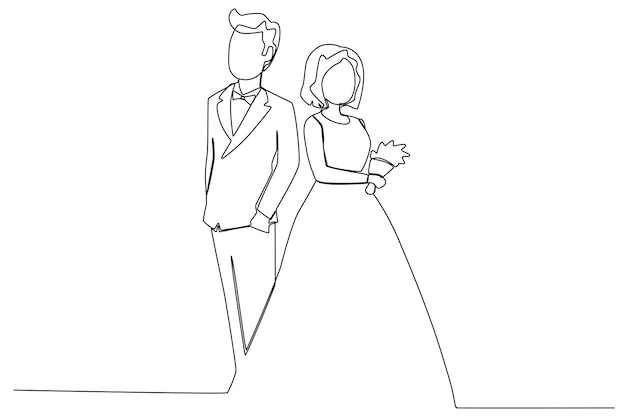 A couple of bridge and groom looked at the guests wedding oneline drawing