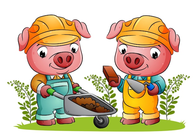 The couple builder pig are holding the bricks and wheelbarrow in the garden of illustration