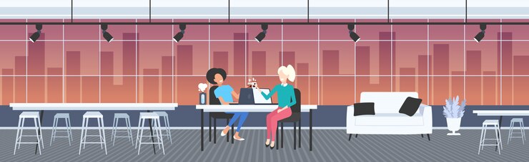 Vector couple businesswomen colleagues discussing during coffee break mix race business women sitting at workplace communication concept modern office interior night cityscape  full length horizotal