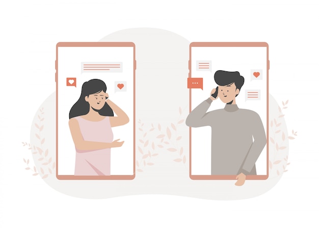 Vector couple calling and talking to each other on mobile phones. flat illustration .