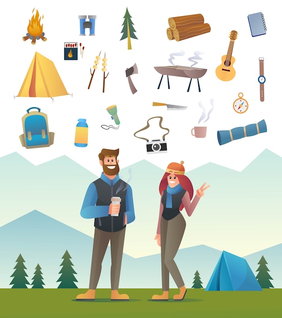 Couple camper tourist character with camp equipment illustration