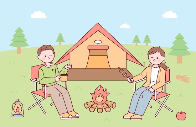 Coppia campeggio all'aperto con tenda e falò in stile design piatto illustrazione vettoriale