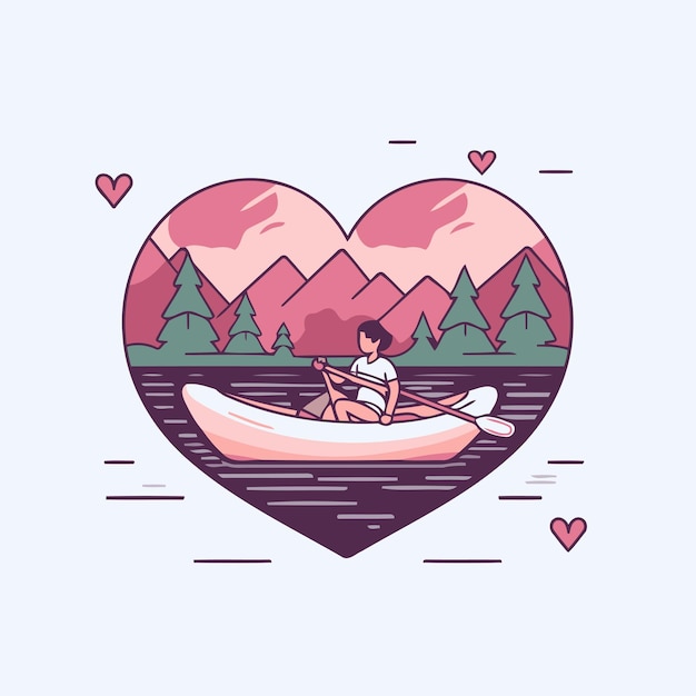 湖のカヌーに乗ったカップル平らなスタイルのベクトルイラスト