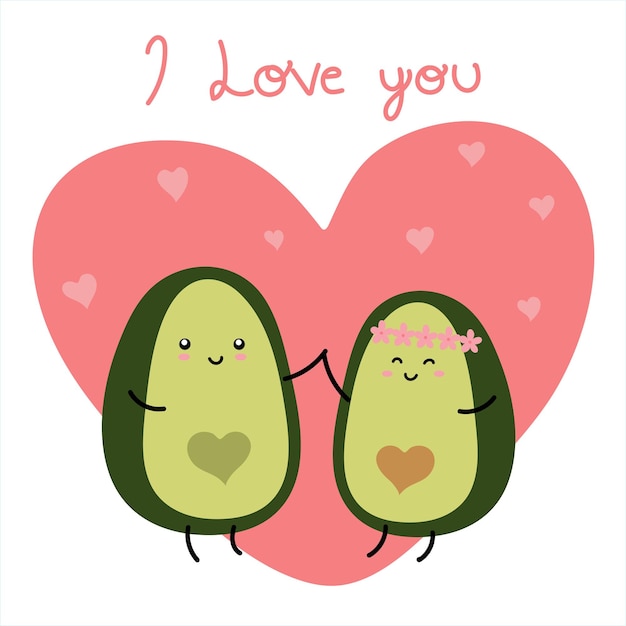 Un paio di avocado cartoni animati, biglietto di auguri di san valentino. amo l'avocado con il vettore del cuore