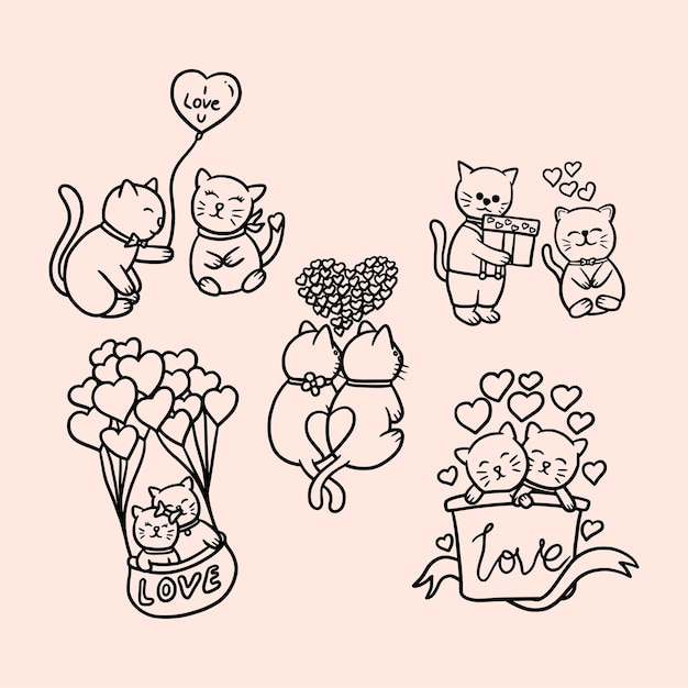 Couple cartoon cat love vector set illustration