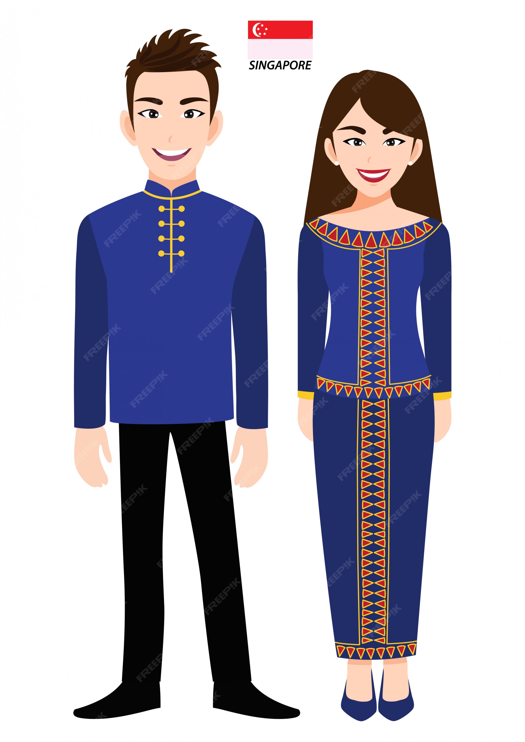 Premium Vector | Couple of cartoon characters in singapore traditional ...