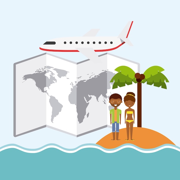 couple cartoon island palm tree map airplane icon