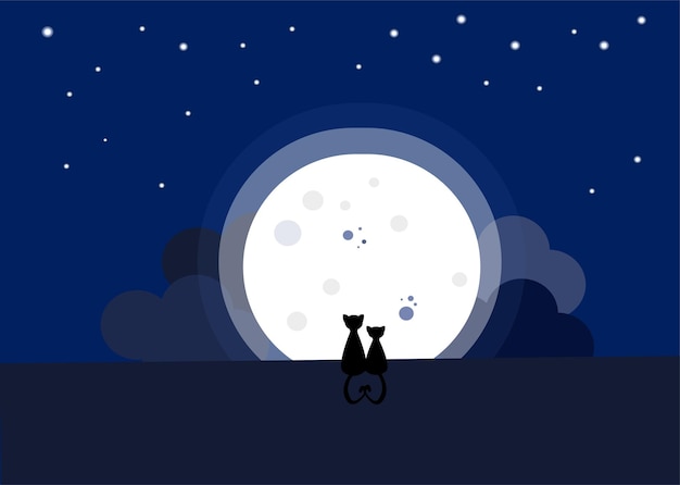 a couple of cats sitting in front of the moon