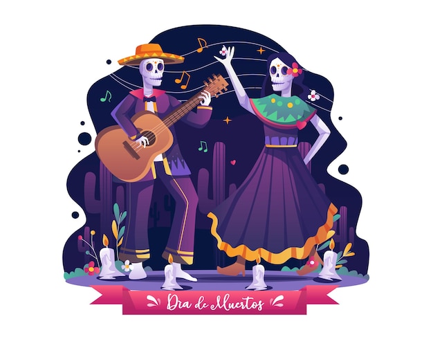The couple celebrates day of dead dia de los muertos by dancing and playing music illustration