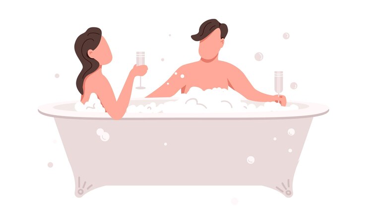 Vector couple celebrating anniversary in bathtub semi flat color vector characters