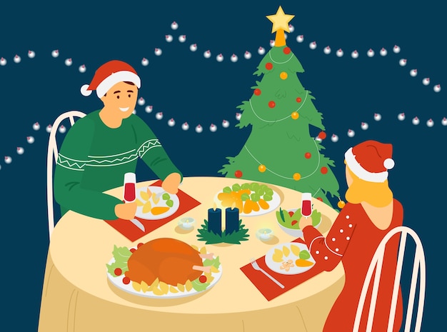 Vettore coppie che celebrano il nuovo anno o il natale seduti a tavola con cibo natalizio.