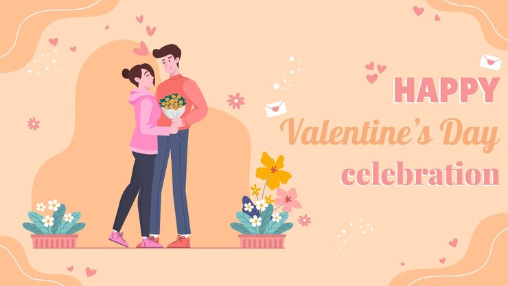 Vector 발렌타인 데이를 축하하는 부부는 남자 또는 남자친구가 여자 또는 그의 여자친구에게 꽃을 주고 배경 터 일러스트레이션 디자인으로 그녀의 마음을 행복하게 만니다.