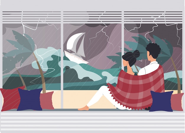 Vector couple character, male, female watching storm natural disaster, high wave flat  illustration. water cataclysm, dangerous sea.