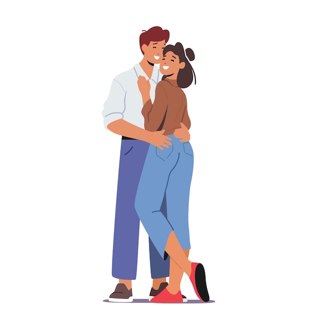 Couple characters embrace signifies their love and affection for each other it is a gesture of closeness comfort romantic relationship and emotional connection cartoon people vector illustration