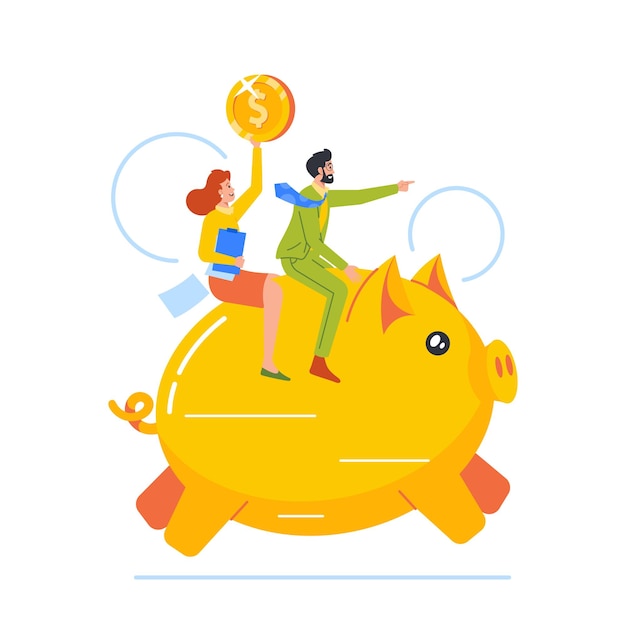 Vector couple characters riding piggy bank showing direction and holding golden coin cartoon people vector illustration